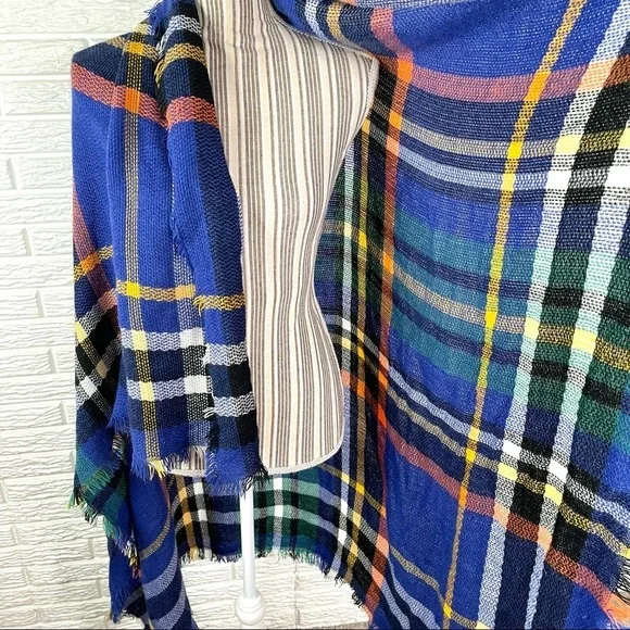 Multicolored Plaid Flannel Shawl Scarf with Fringe Blue Yellow Black Orange - Picture 4 of 6
